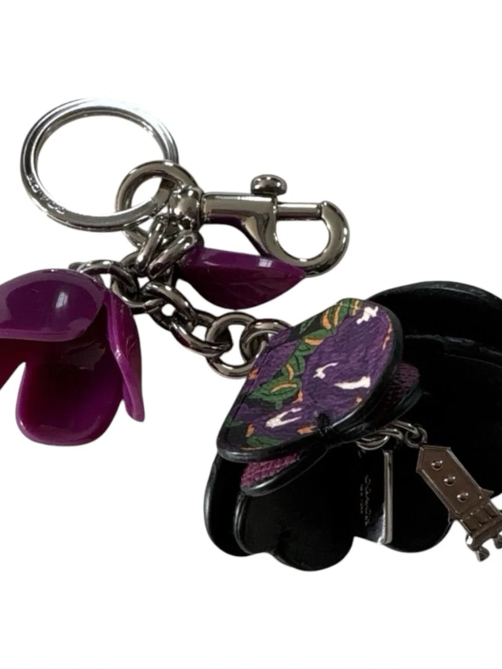 Coach Tea Rose Bag Charm Purple Floral Leather & Resin Keychain Charm